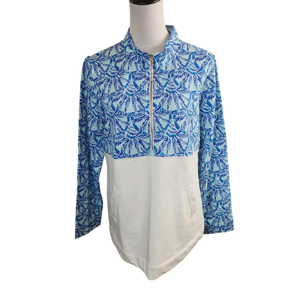 Lilly Pulitzer Womens UPF 50+ Skipper Popover Blue White Palm Print Size Large